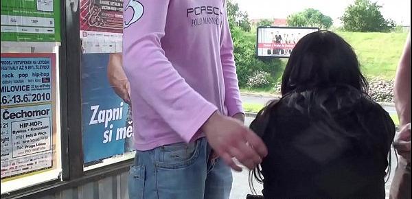  A busty girl with perfect figure fucked by 2 guys in public street threesome